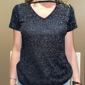 Black Glitter V Neck top